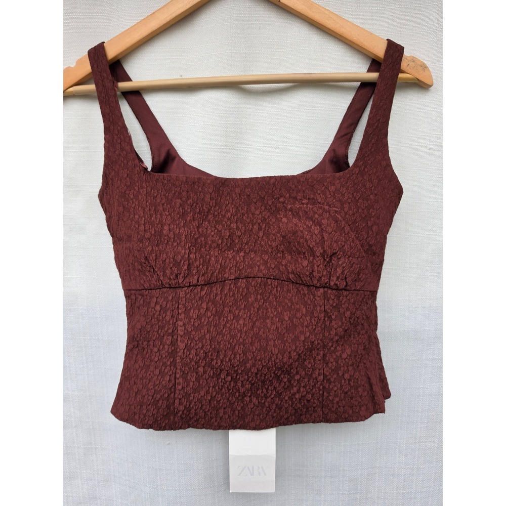 Zara Womens Medium Bergundy Jacquard Bustier Sleeveless Square Neck Going Out